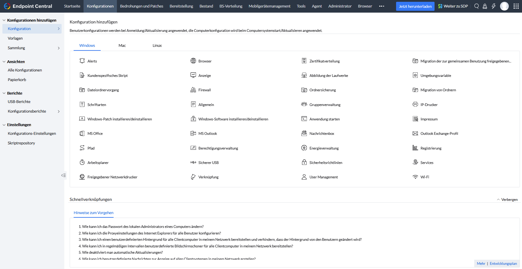 Screenshot Enpoint Central: Konfigurationen hinzufügen